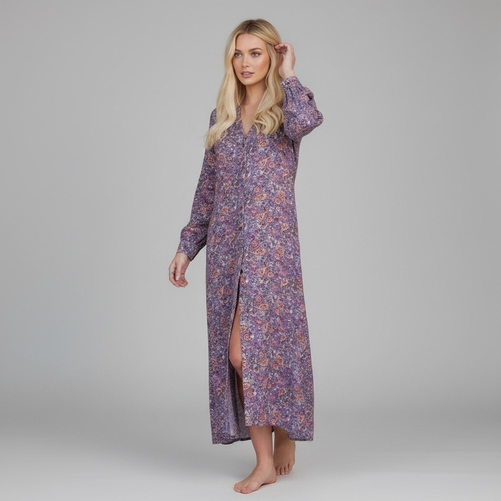 Natural Life | Esme Long Sleeve Maxi Shirt Dress Duster M Purple Paisley Floral